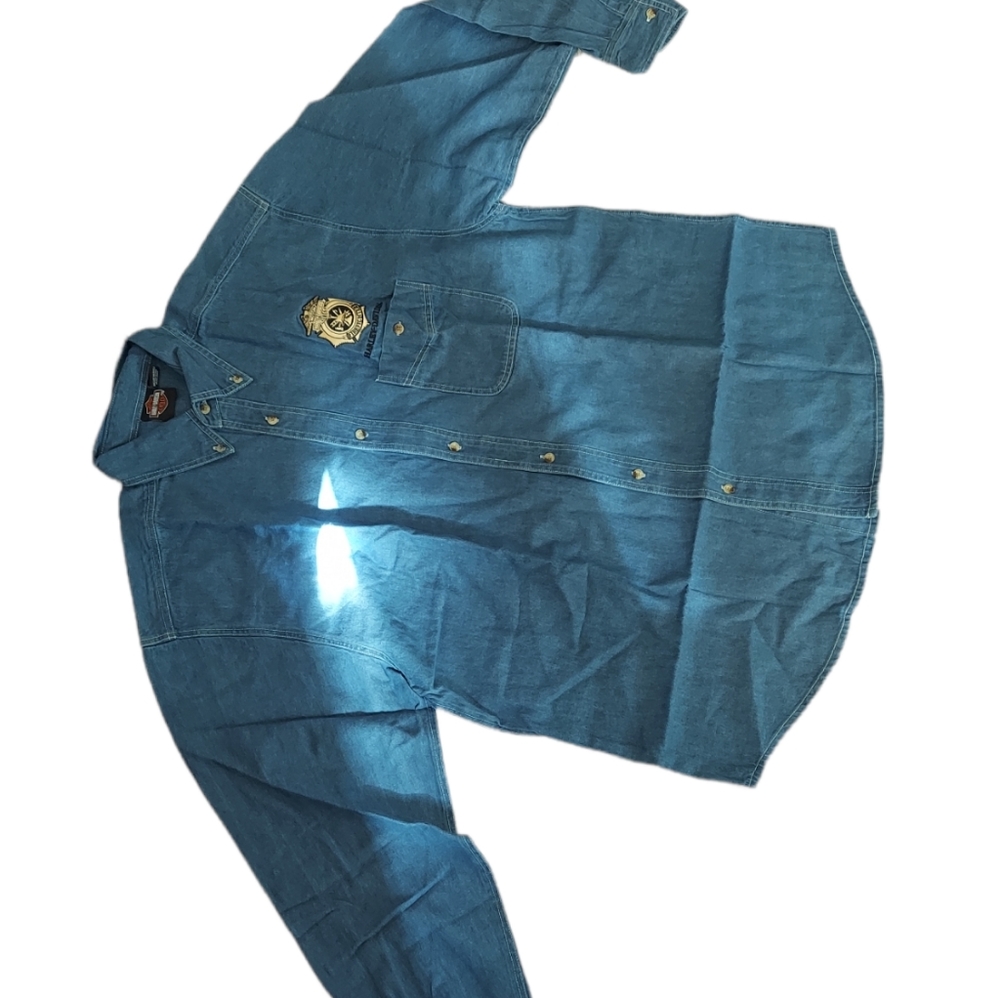 80's Vintage Harley Davidson Motorcycles Firefighter Long Sleeve Denim Shirt